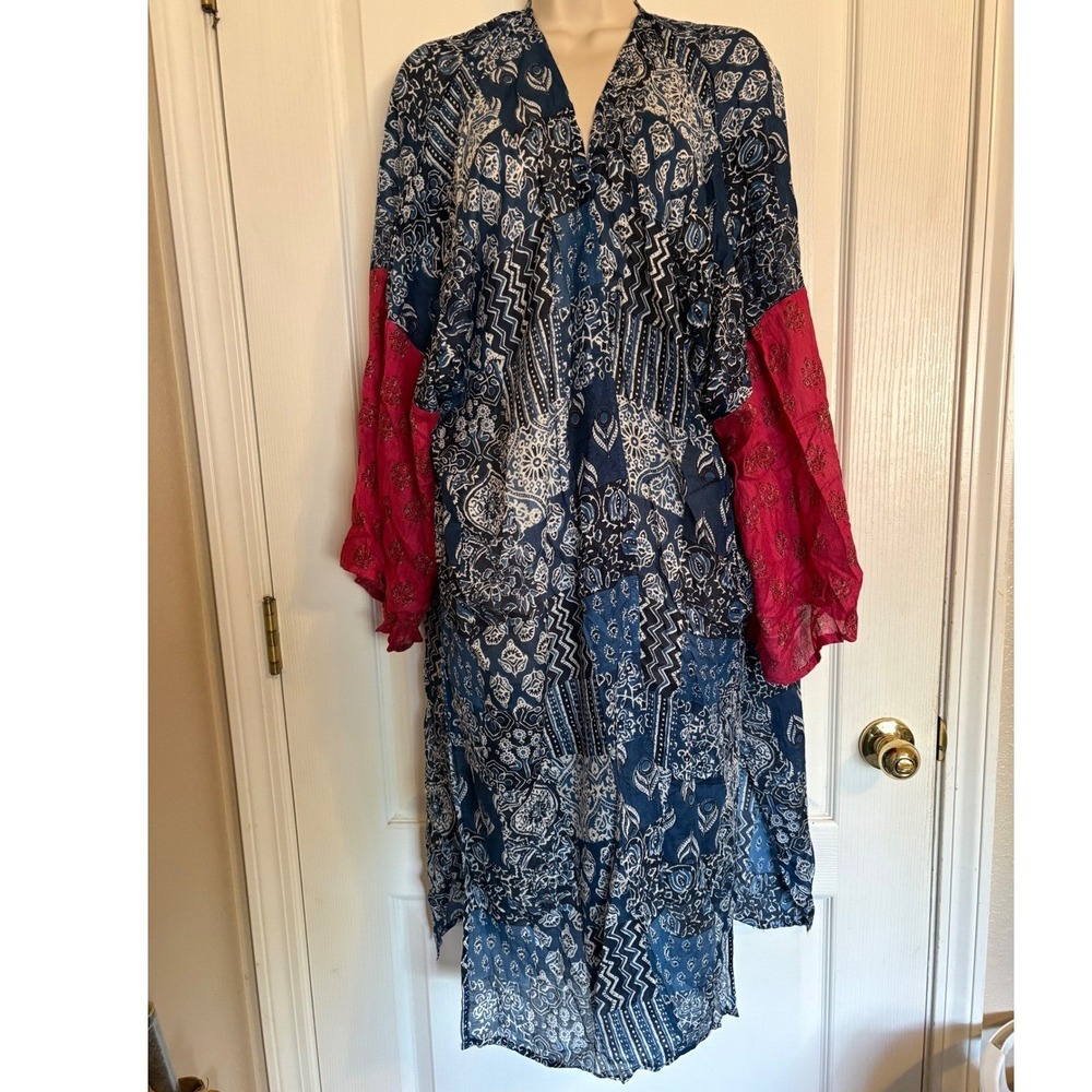 Natural Life Kimono Cardigan Womens OS Blue Pink Excellent Patchwork Duster NWOT